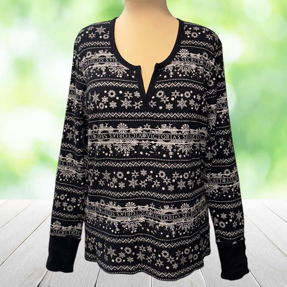VICTORIAS SECRET Logo Thermal Top Waffle Knit Fair Isle Snowflake Christmas XL